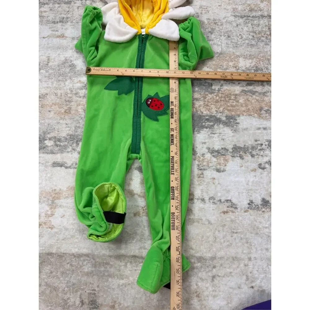 Y2K Green velour one-piece flower costume with padded daisy hood ladybug